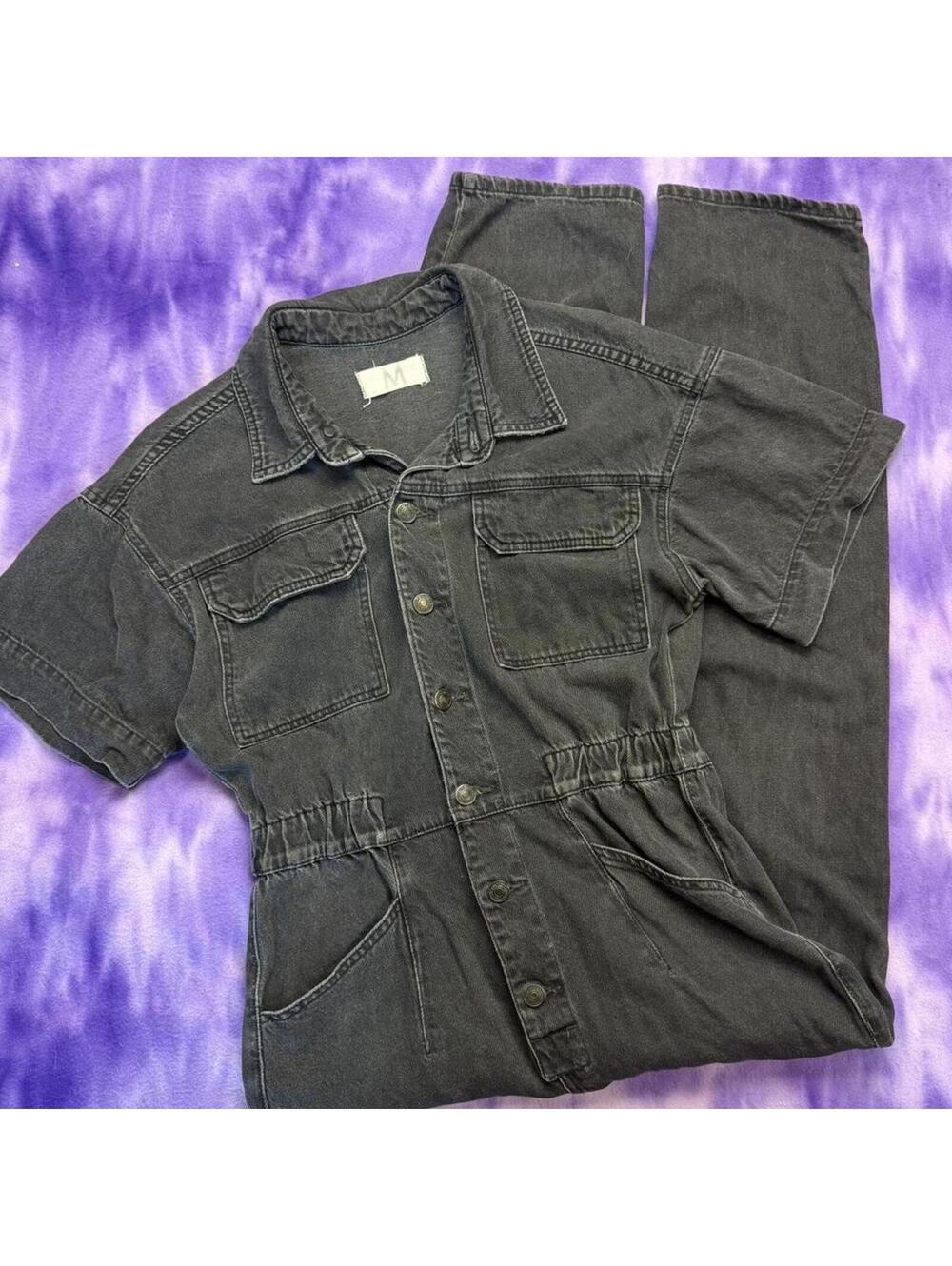 Free people we the free grey denim short sleeve jumpsuit